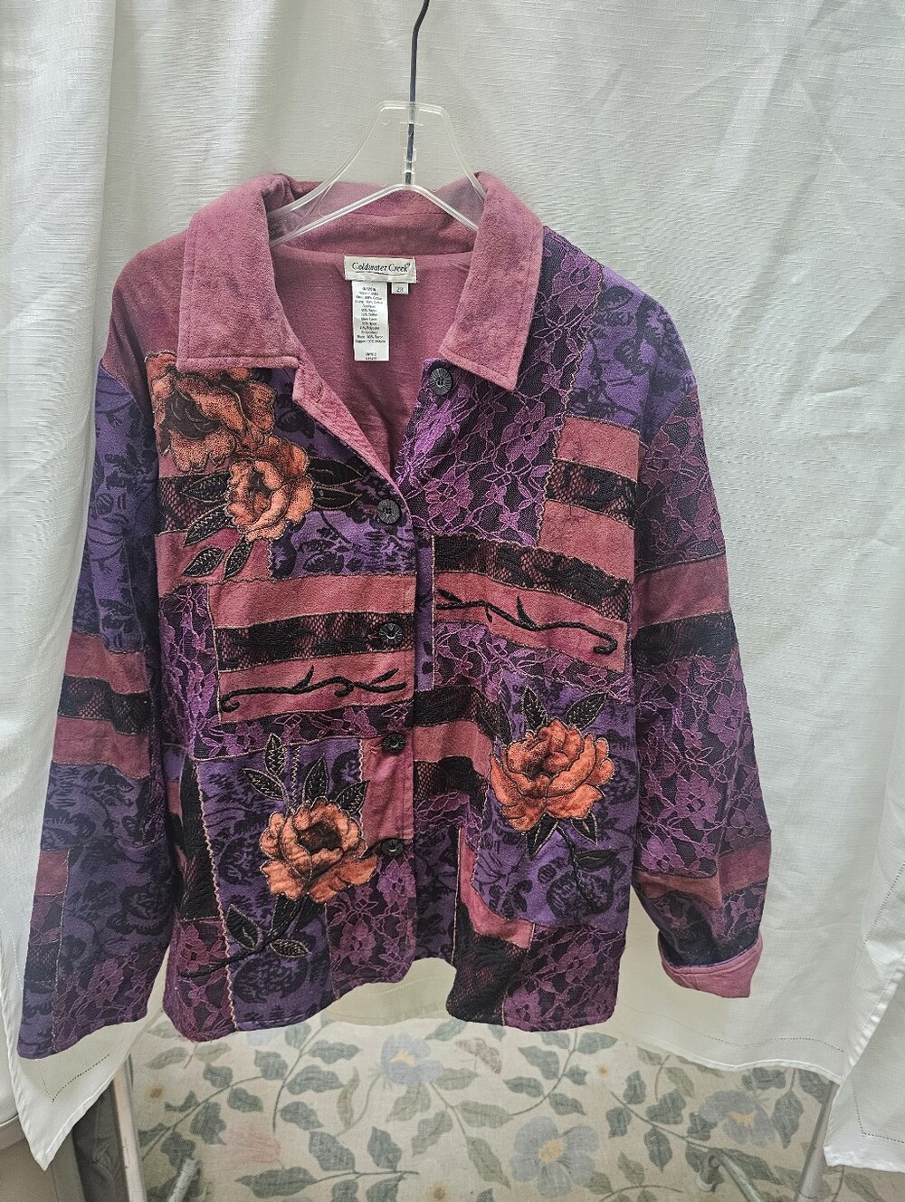 Coldwater Creek Vintage Patchwork Lace Rose Applique Button Down Jacket Size 2X